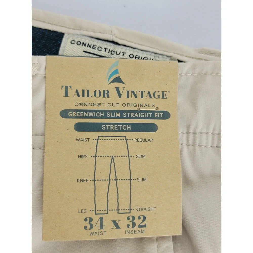 Tailor Vintage Greenwich Slim Straight Chinos 34x32 Pumice Beige Stretch Pants